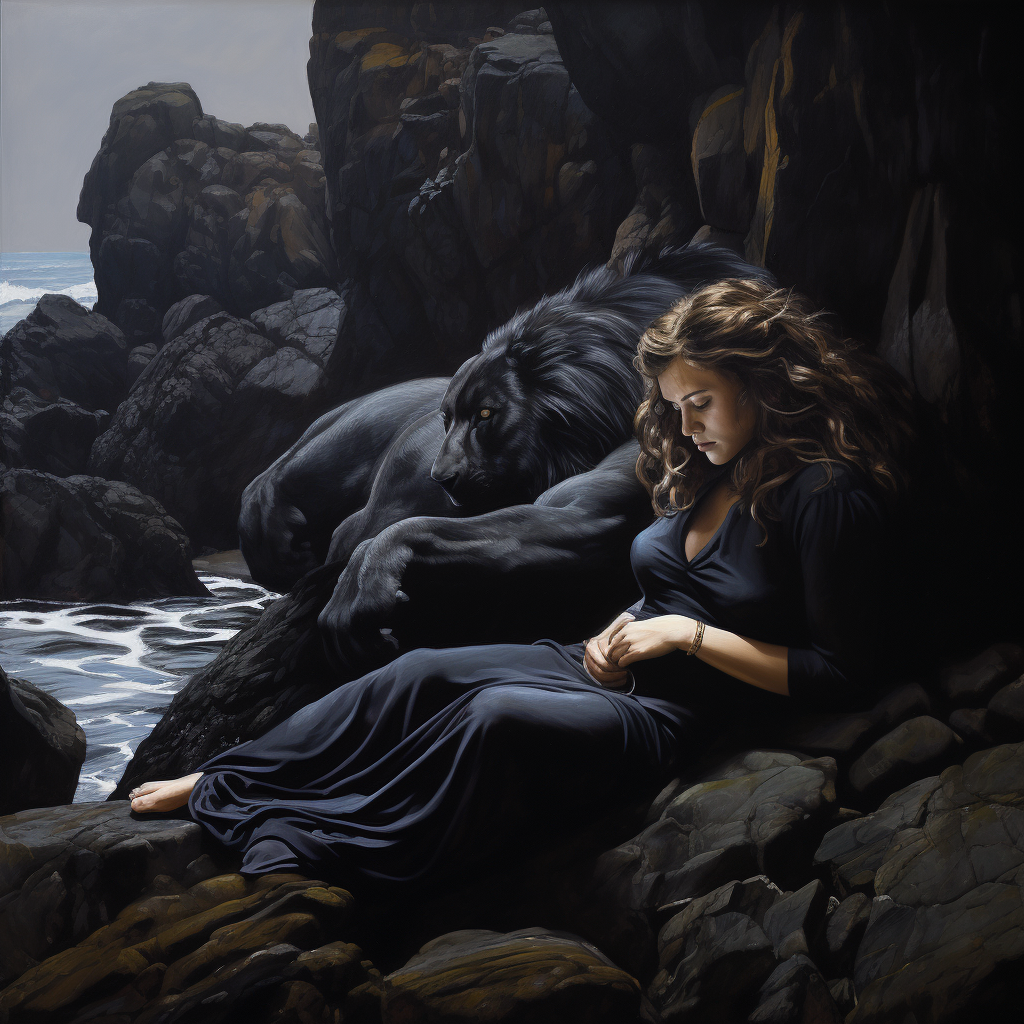 Half Lion Half Woman Lounging on Rocks