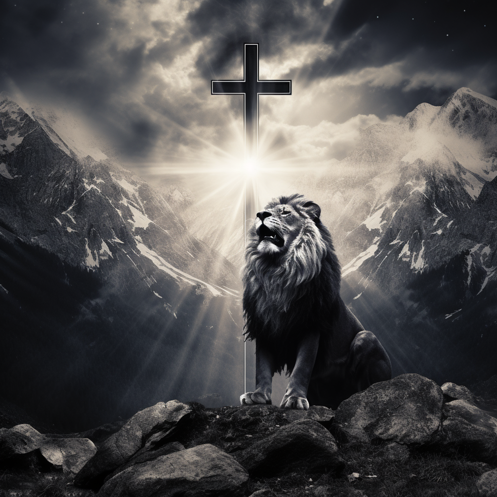 Majestic lion admiring glowing cross in mountains