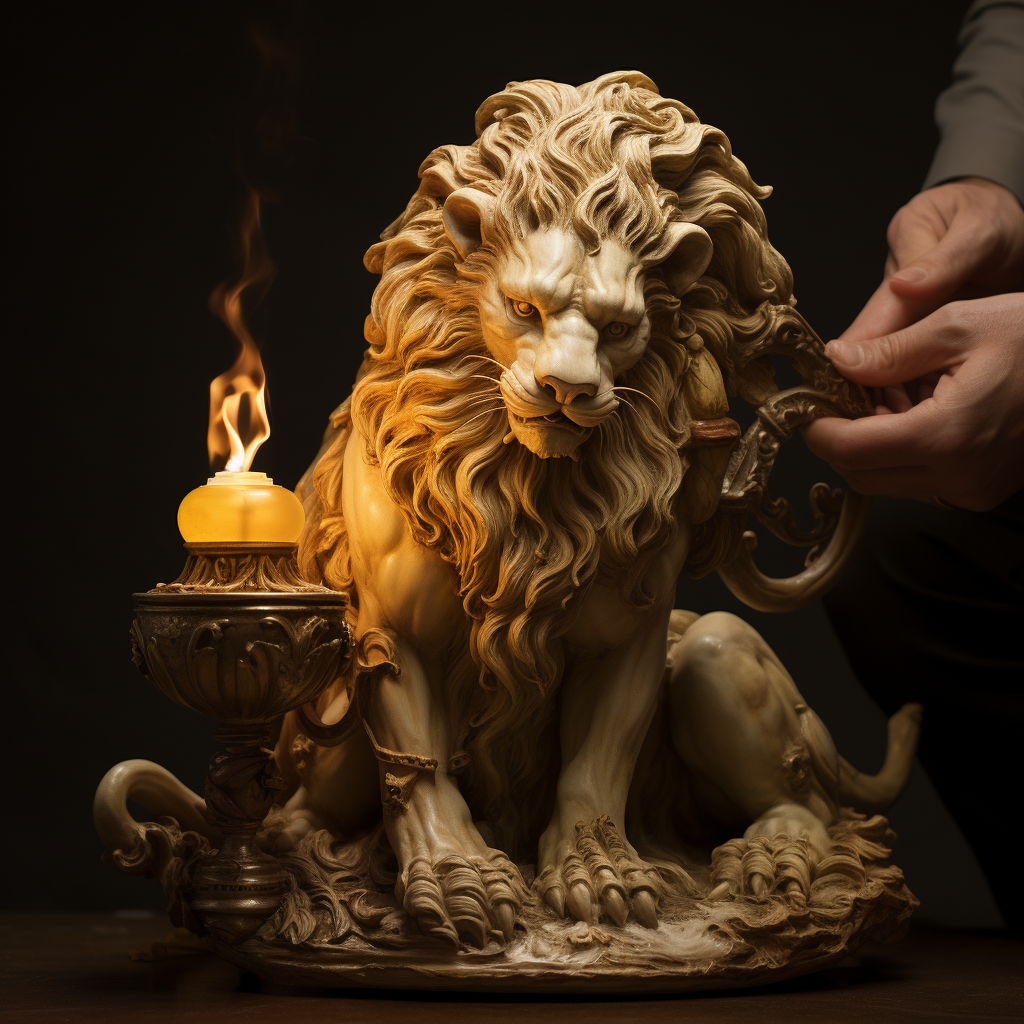 Lion rubbing an old oil lamp