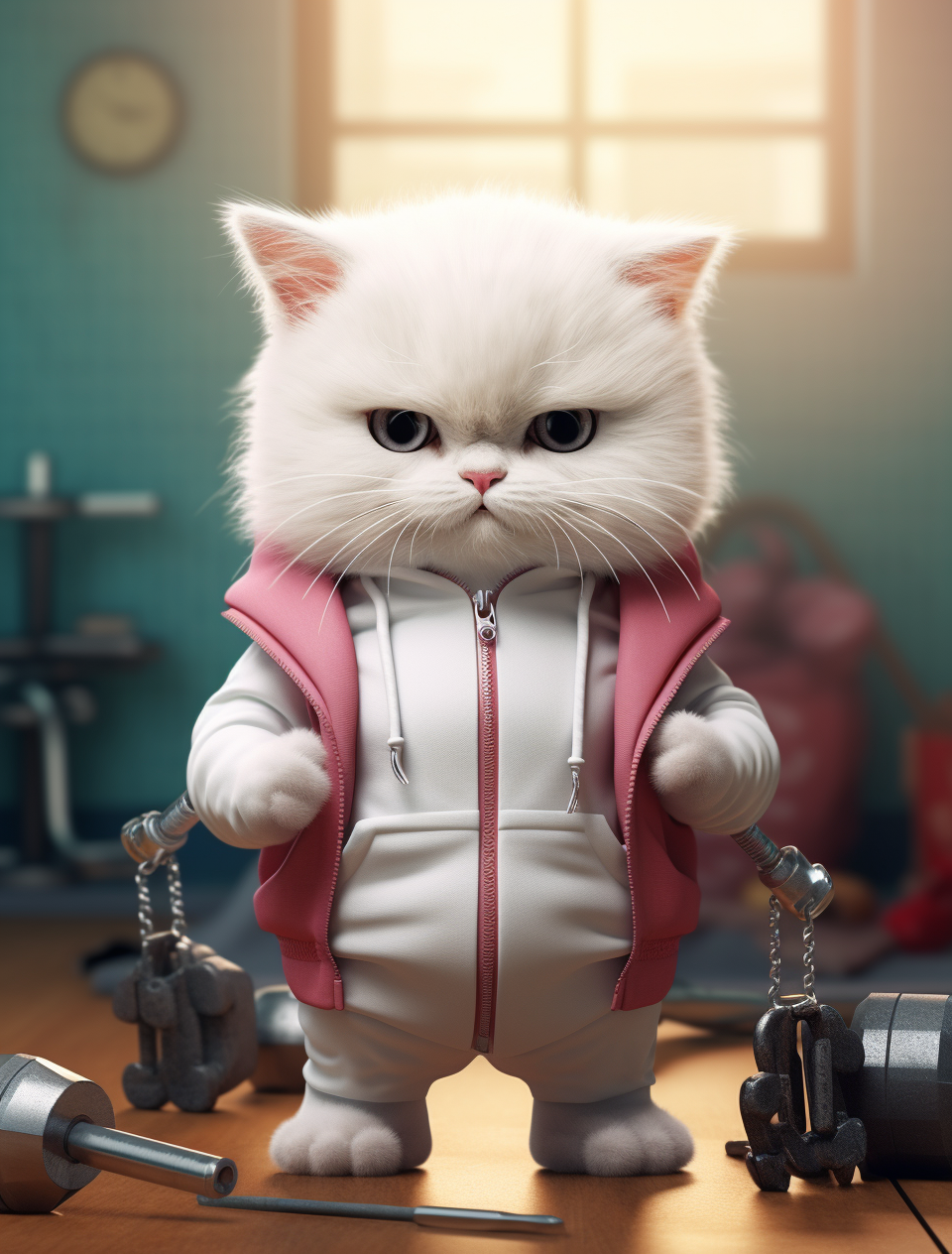 Little cat in tracksuit lifting weights