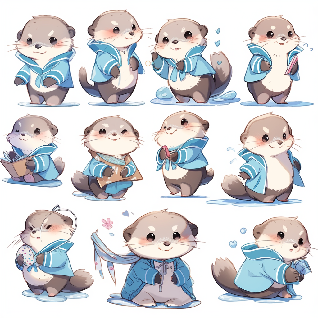 Cute otter mom in blue jacket and headscarf