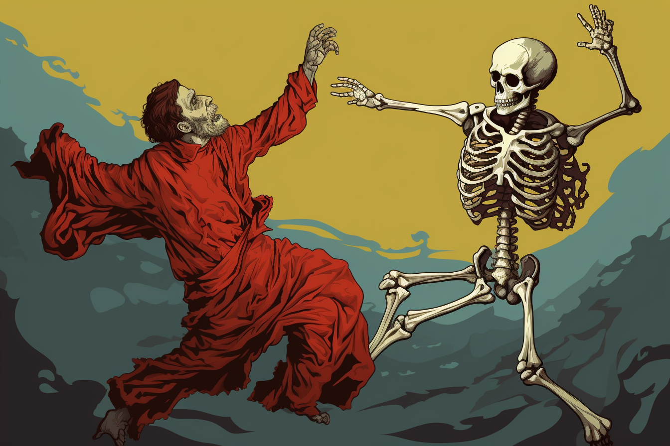 Conceptual illustration of a living man dancing with death