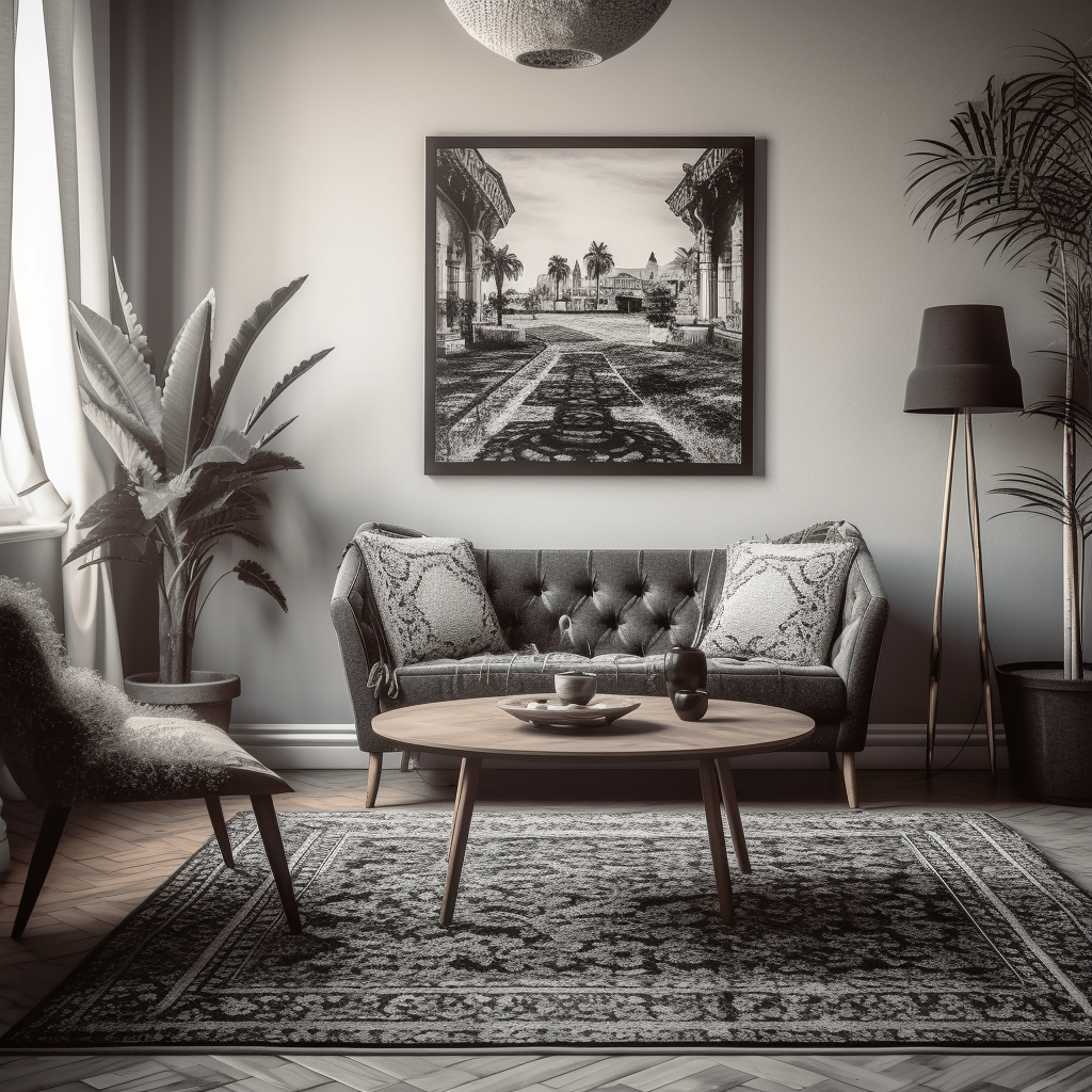 Modern affluent living room with B&W photography print