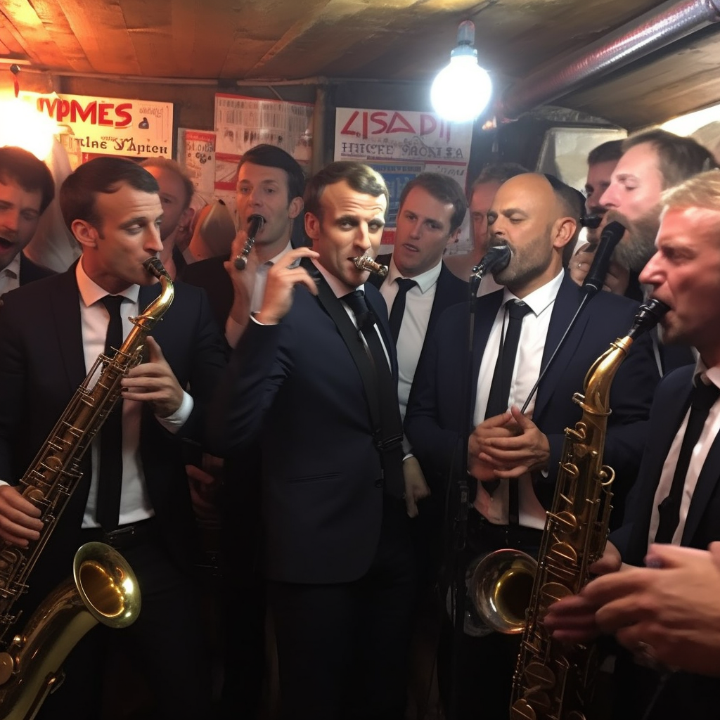 Macron singing with lobsters band