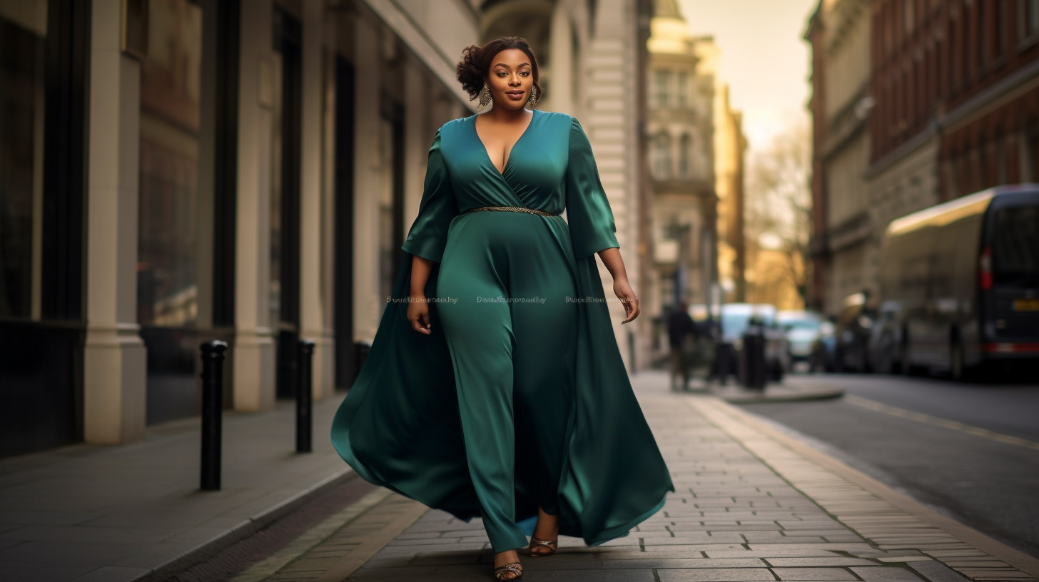 Smiling plus size model in elegant London street fashion
