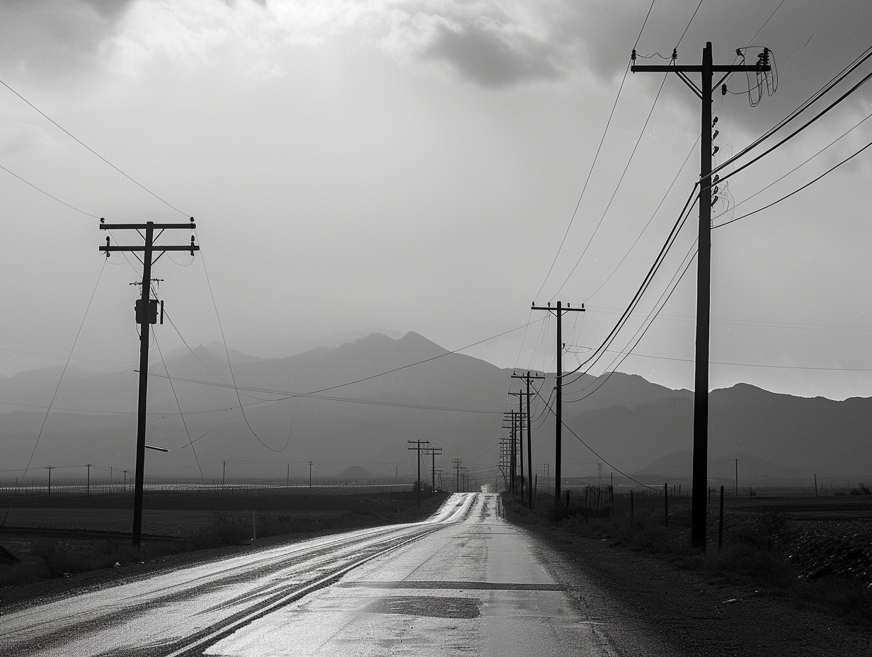 Road with hanging jeans on power lines