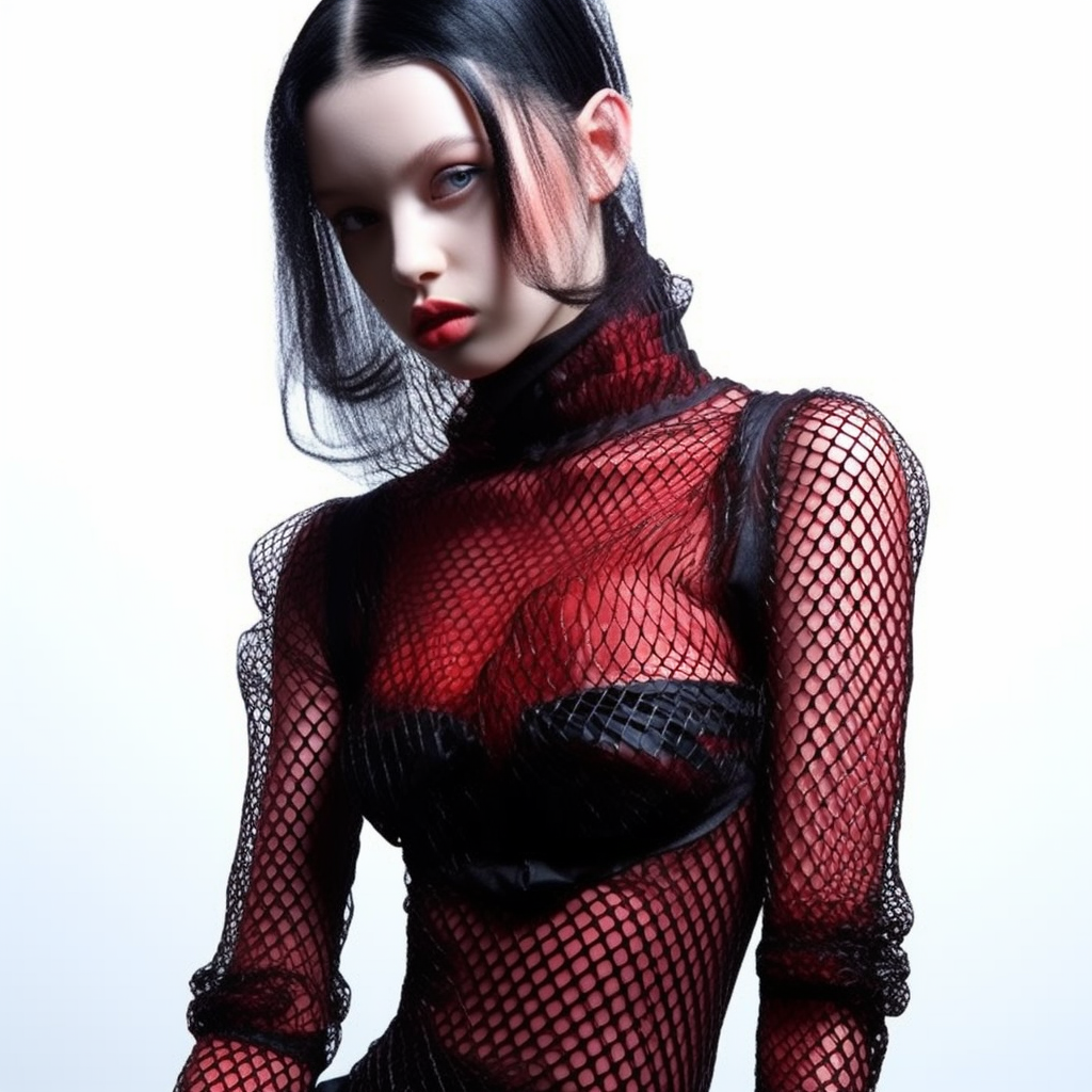 Stylish hands wrapped around red fishnet top