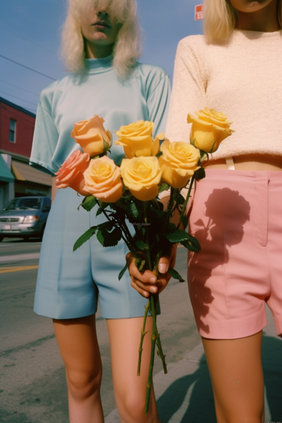 Two friends holding roses in Los Angeles