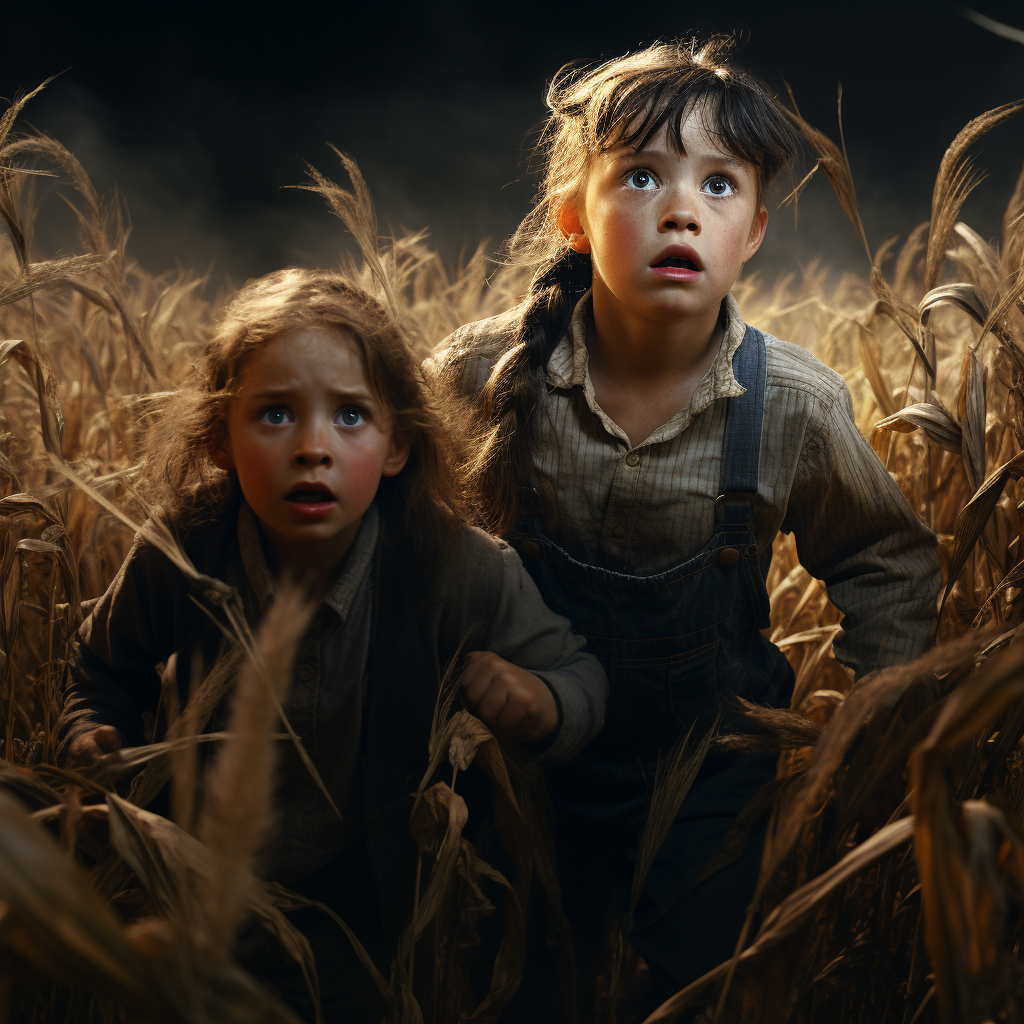 Terrified little boy and girl in cornfield