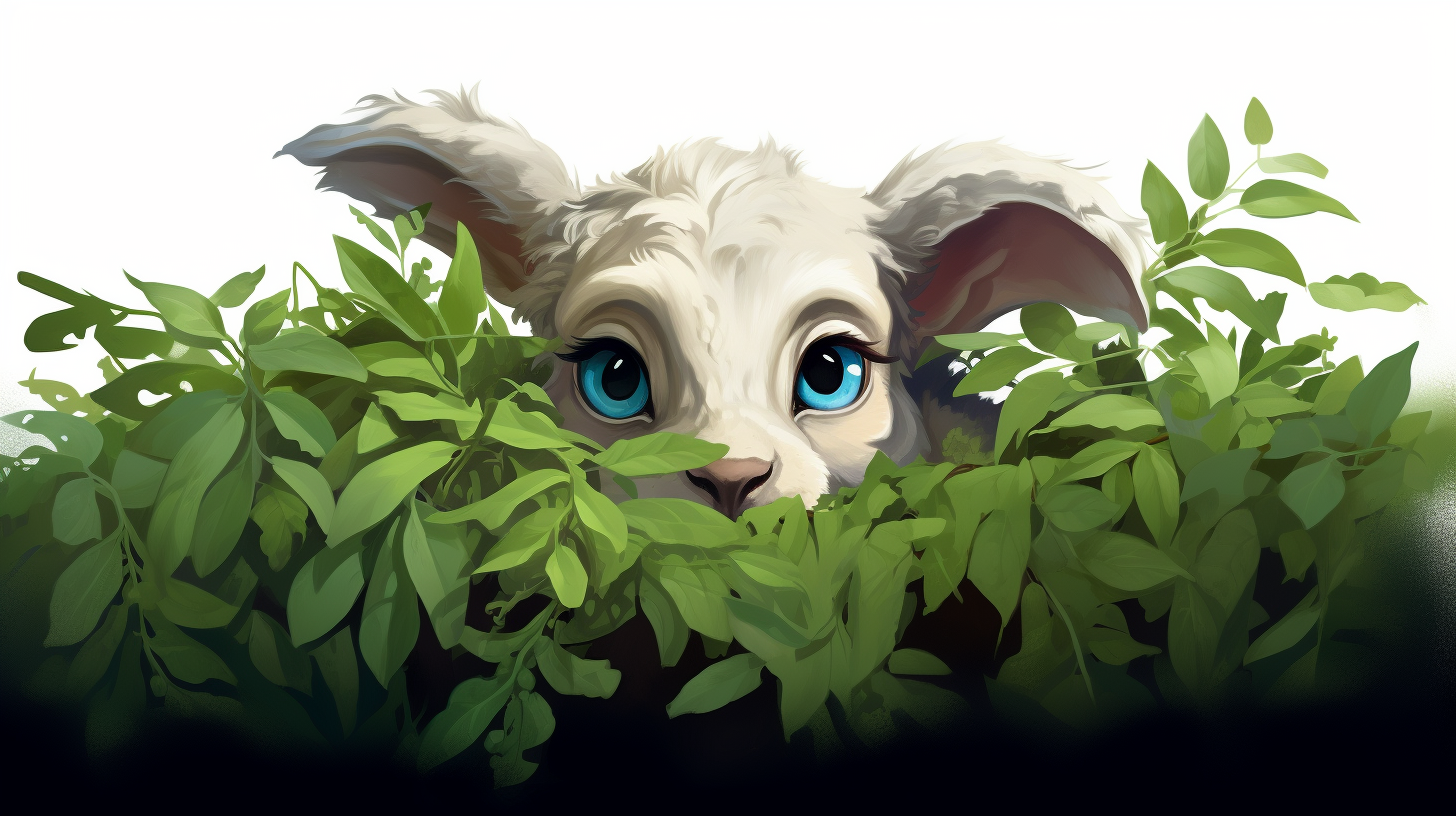 Sad lamb hiding under bush