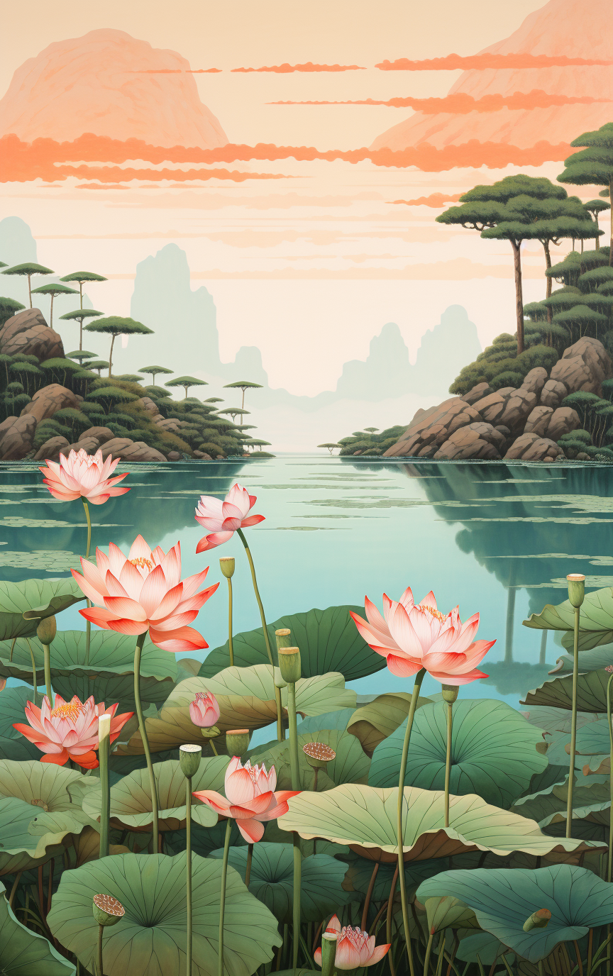 Lotus Pond Hokusai Minimalist Art Zen