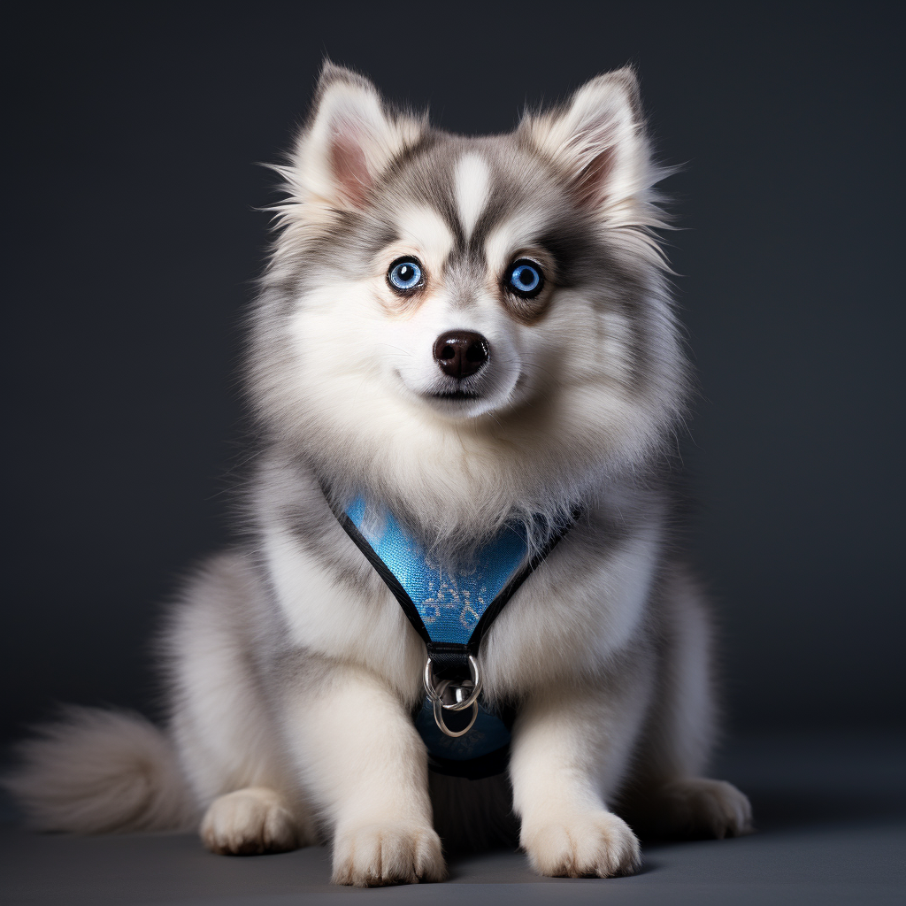 Adorable Pomsky with Blue Harness