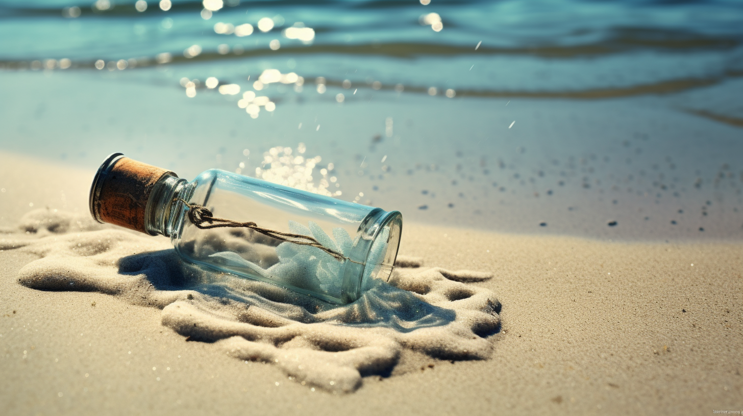 Love letter inside bottle on sand and water