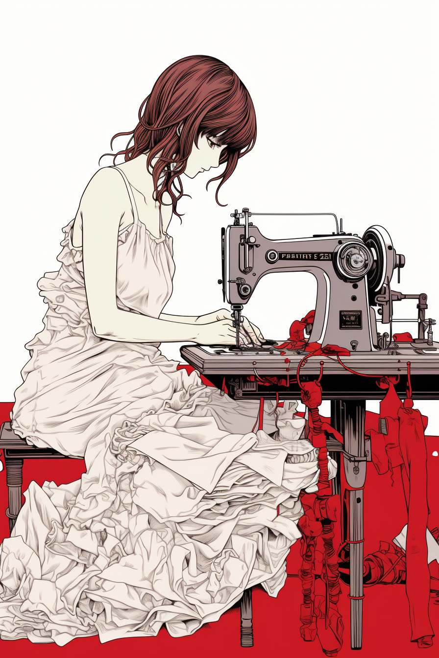 Woman sewing with sewing machine art