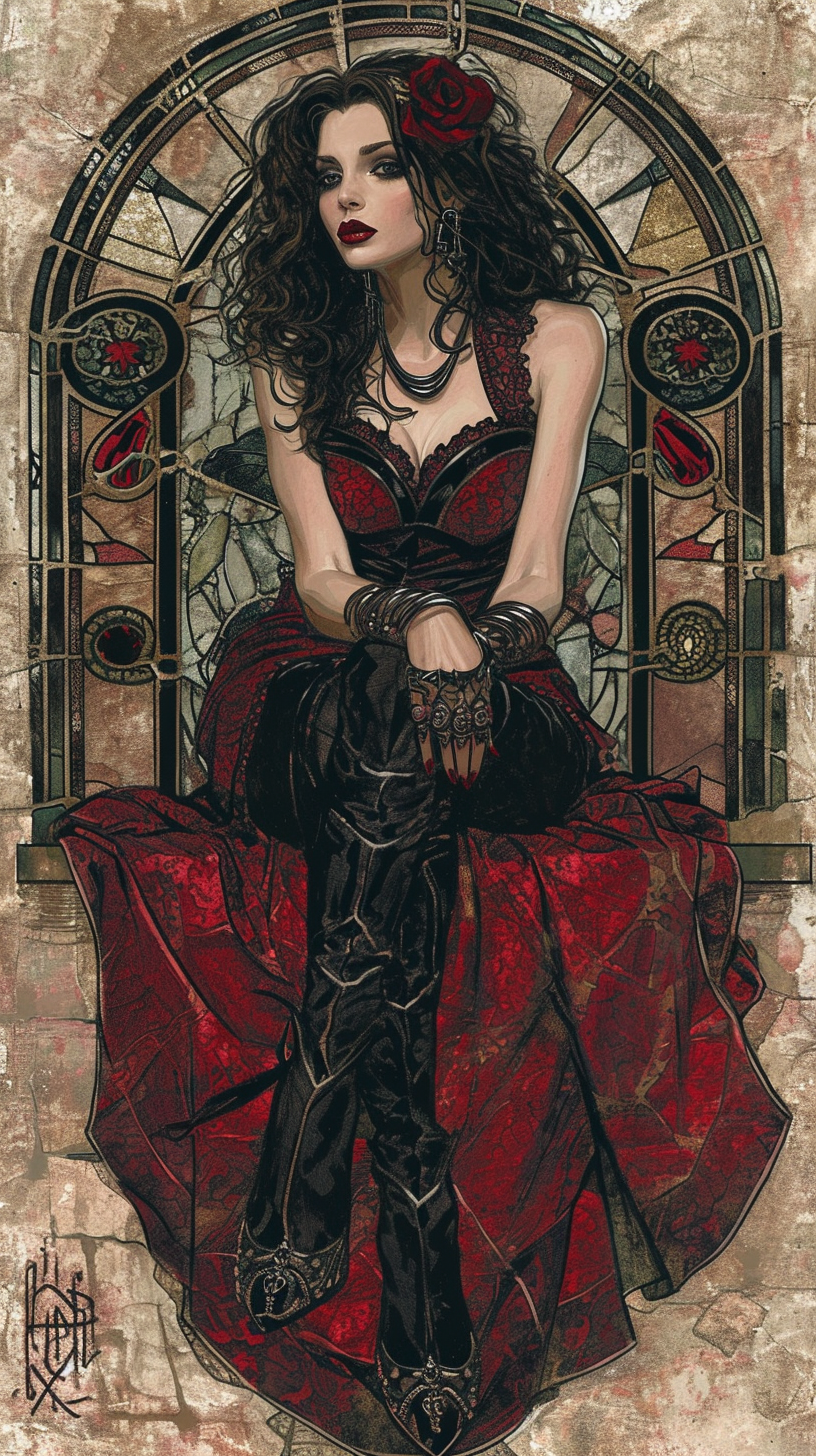 Beautiful vampire relaxing against Wall Street backdrop