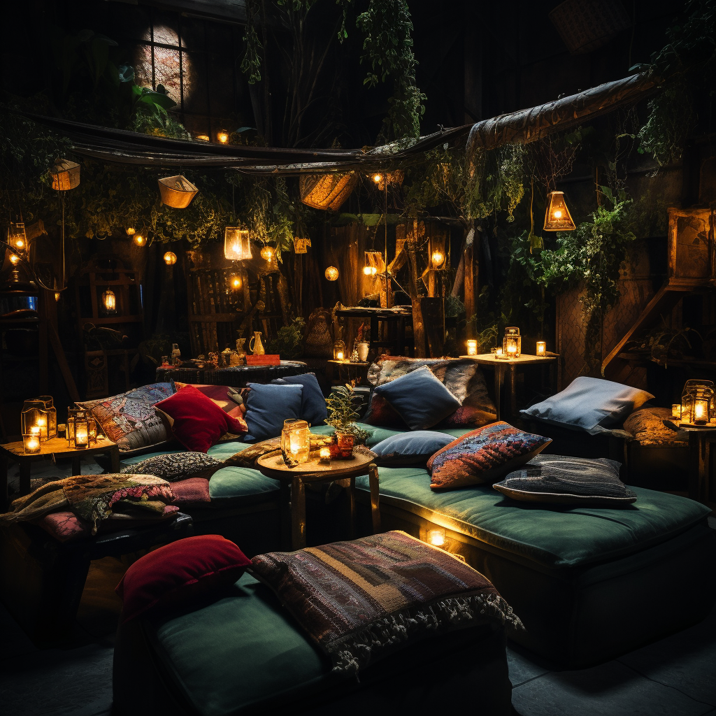 Fantasy Speakeasy with Plush Cushions and Tapestries