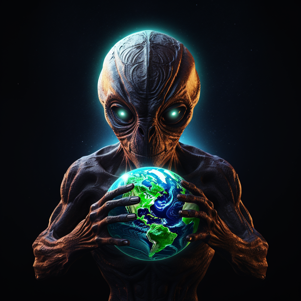 Psychedelic alien holding Earth