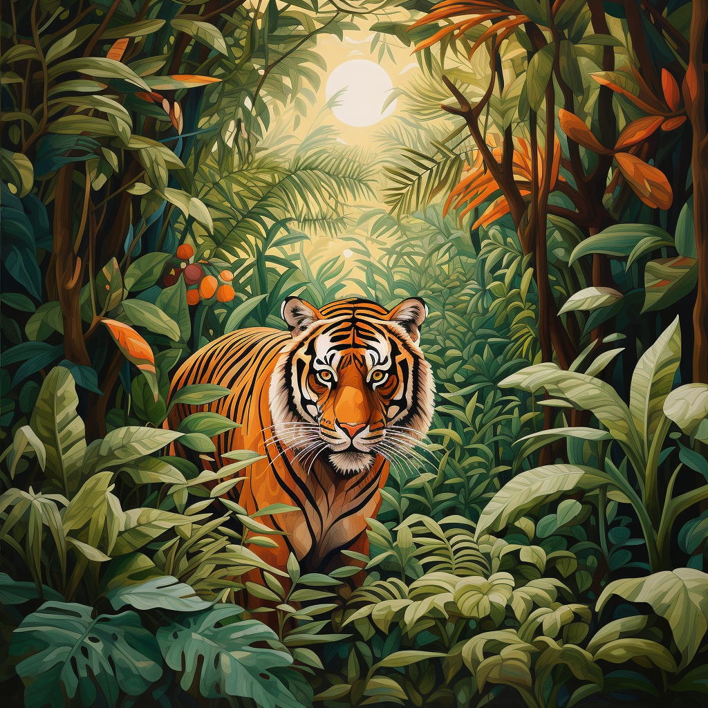 Tiger walking through lush jungle