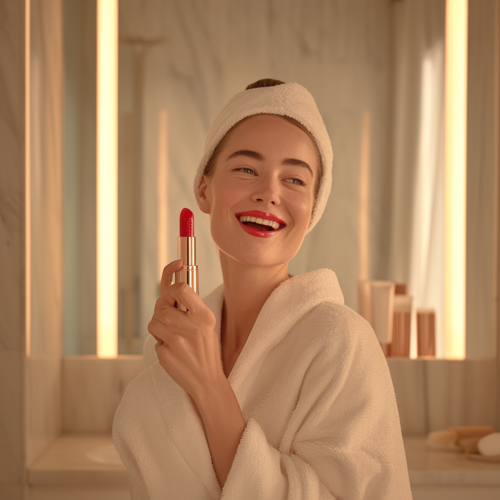 Woman holding lipstick with radiant skin