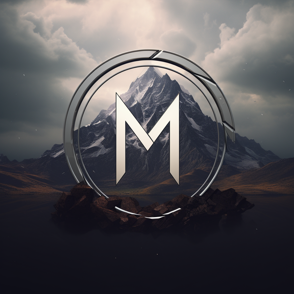 White M logo with mountains on black background