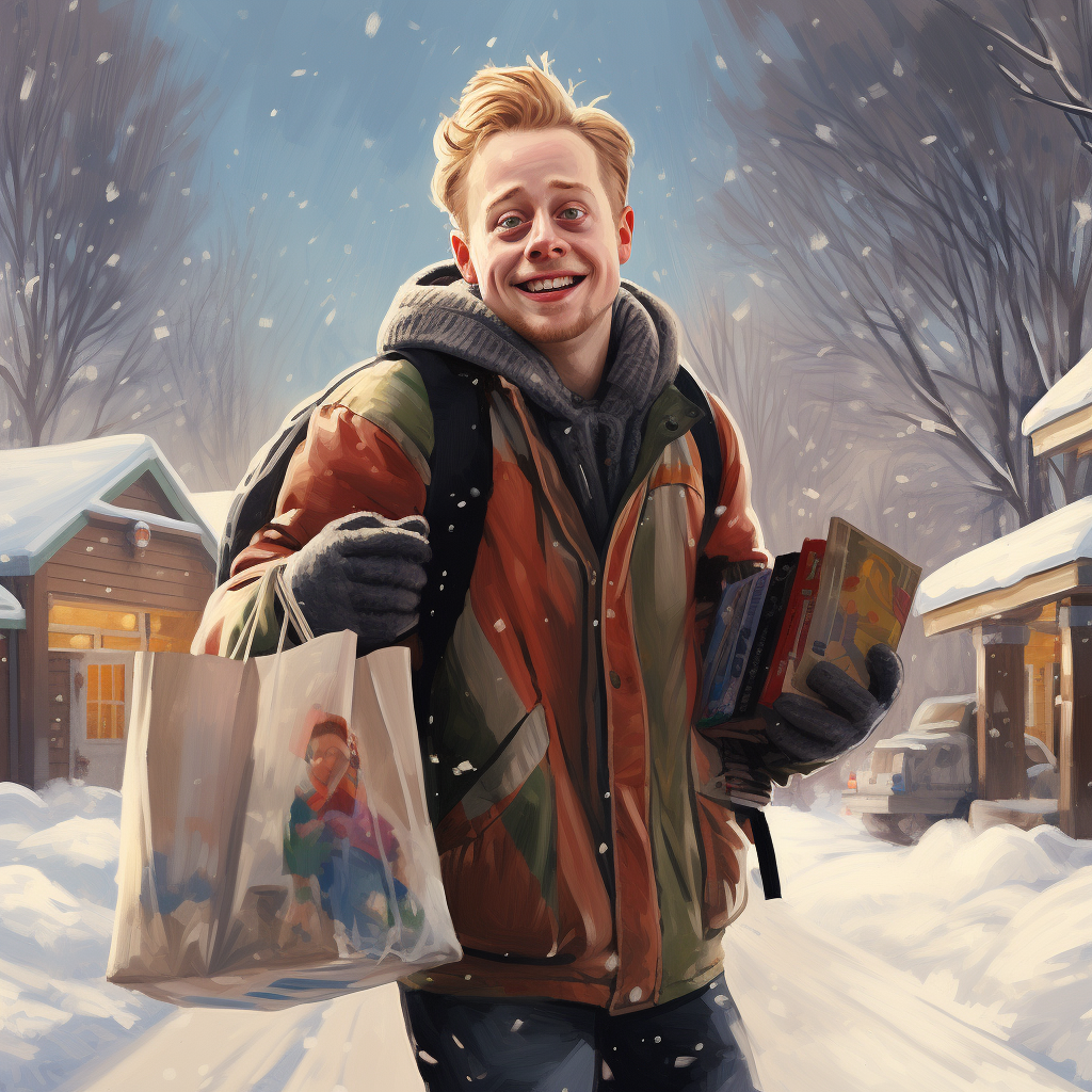 Macaulay Culkin carrying grocery bags in snow