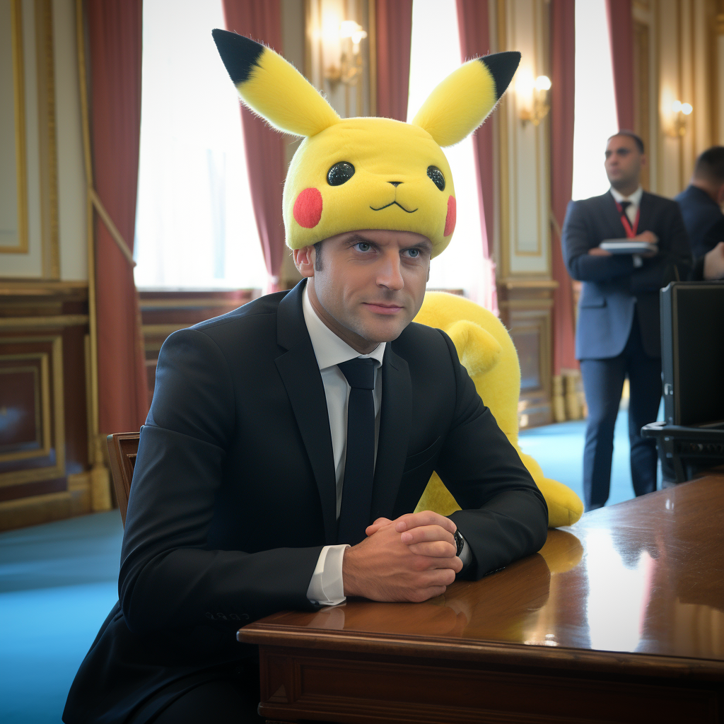 Macron braqueur de banque avec bonnet Pikachu