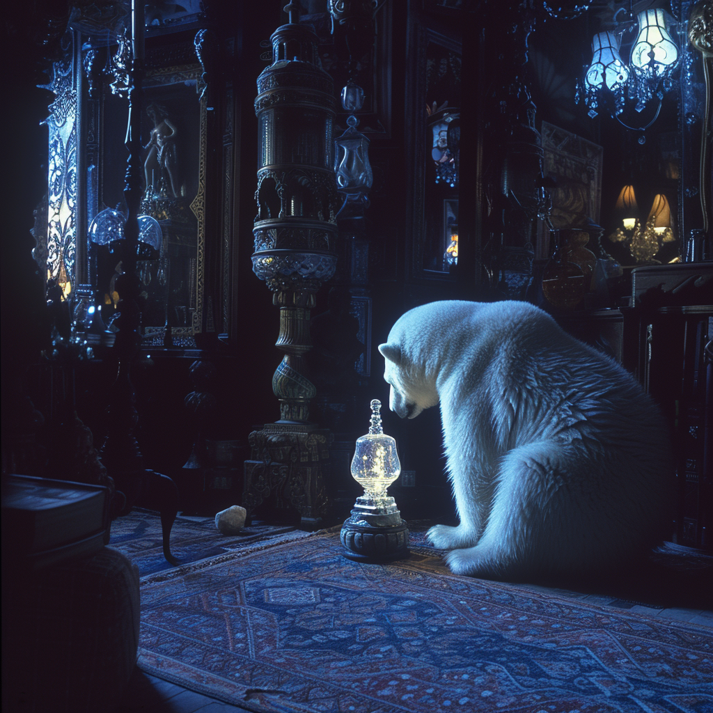 Polar Bear Guarding Amphora with Crystals and Stones