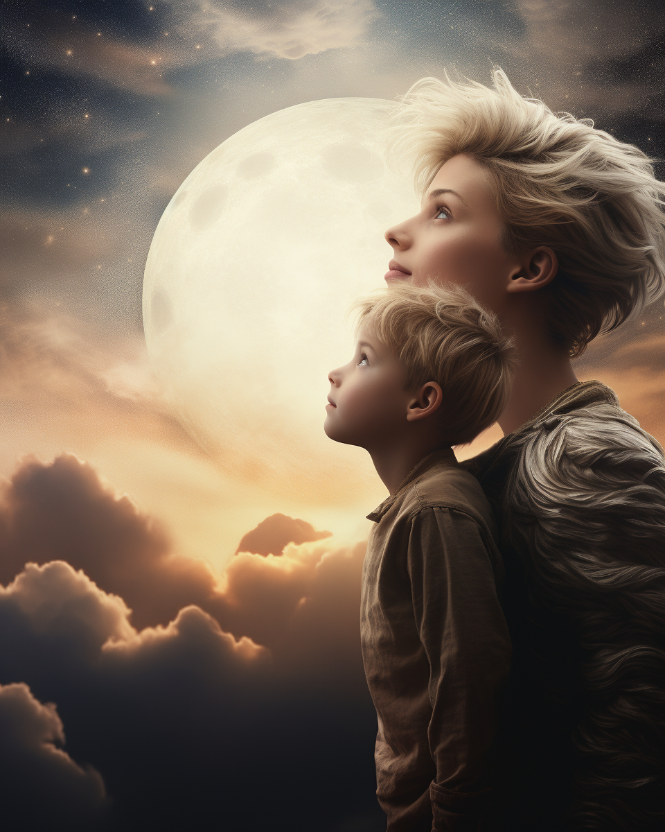 Young blond boy and mommy looking at the moon