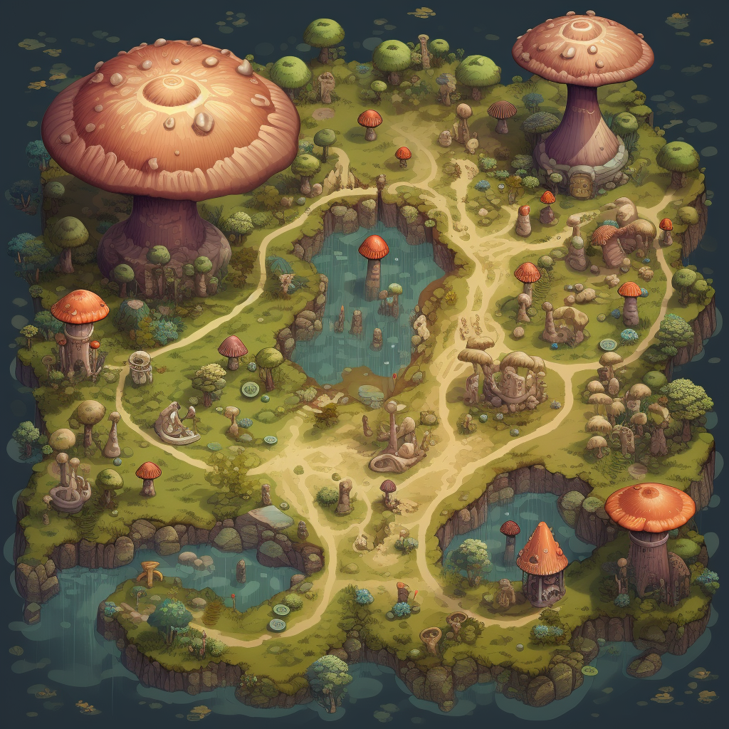 Top-down game map of magical mushroom land