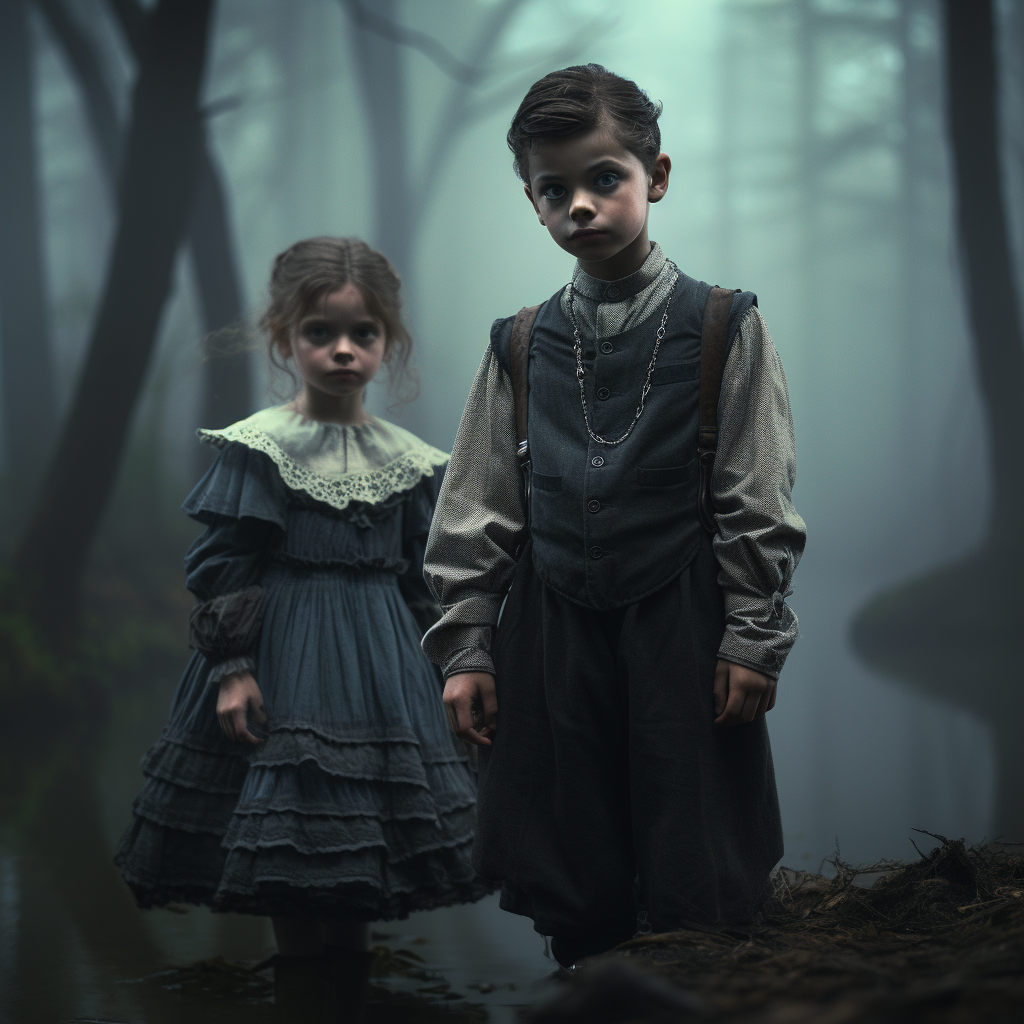 Children in magical forest mist