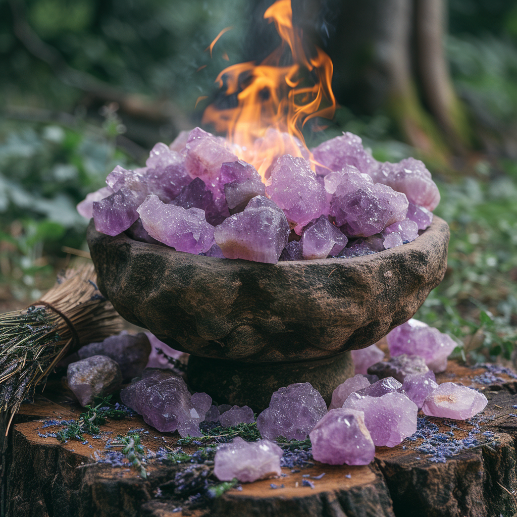 Magical Witch Amethyst Crystals in Woods with Cauldron