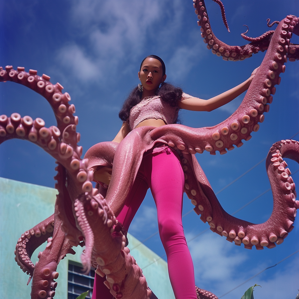 Malaysian-Malay supermodel in pink leggings with tentacles