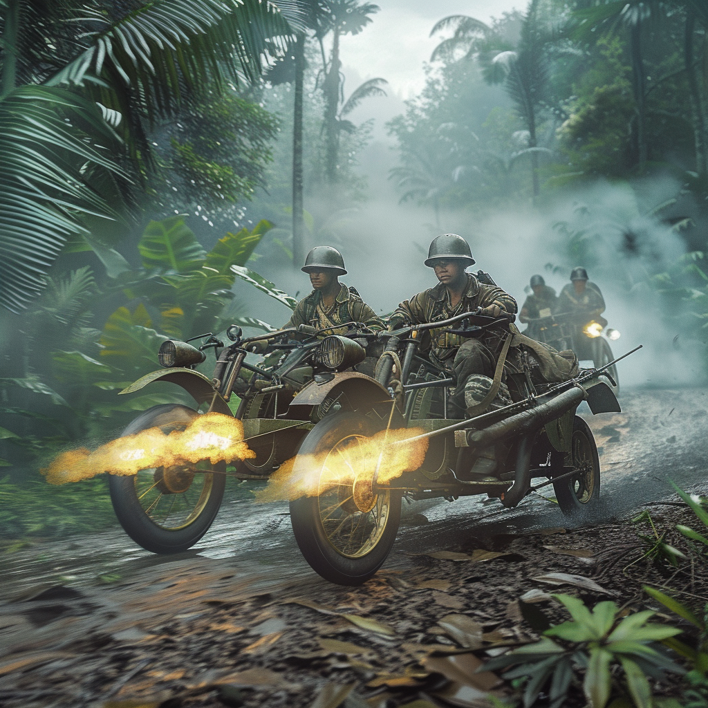 Malaysian Militias Firing from Modified Military Combat Rickshaw with Sidecar