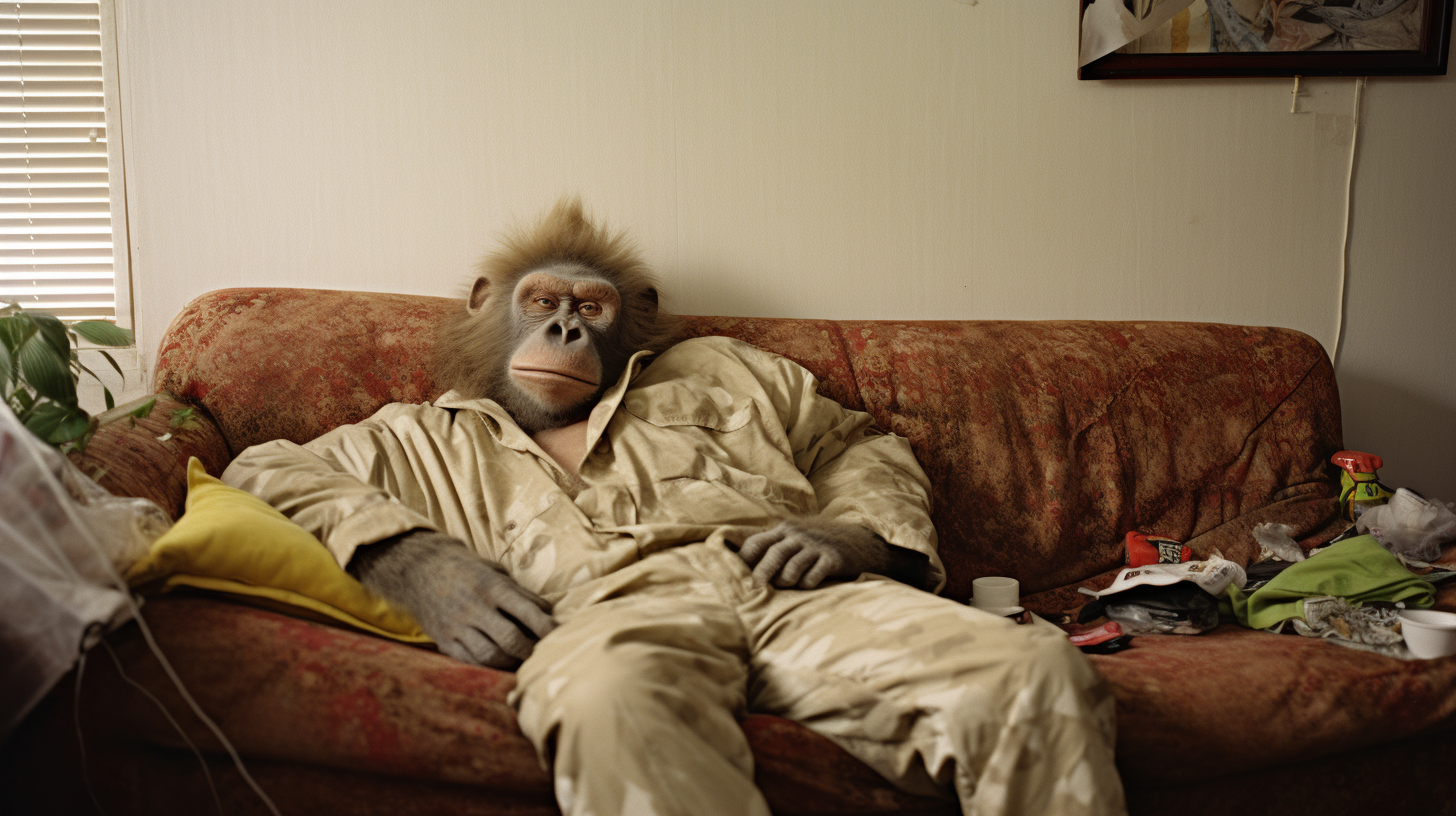 Male with Ape Head lying on couch