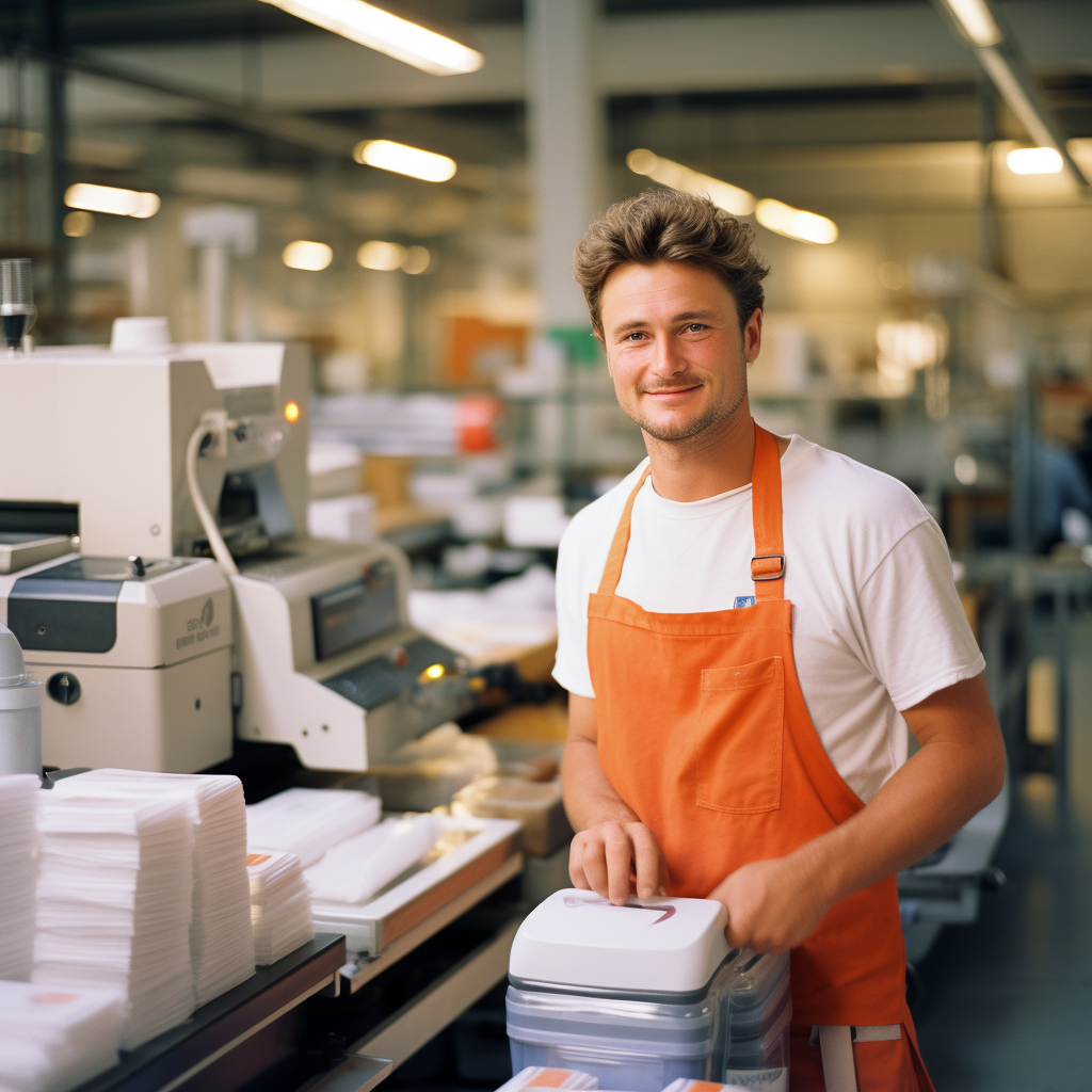 Male operating coffee mug wrapping machine