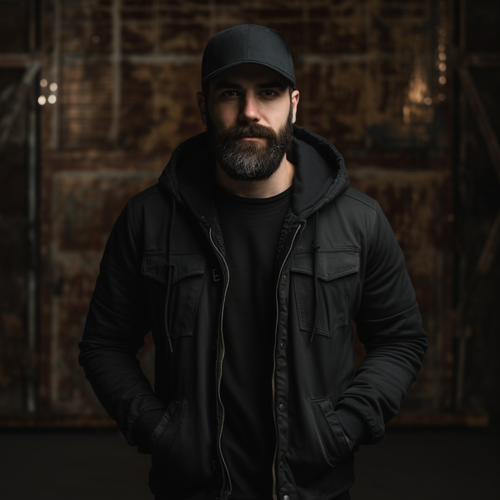 Bearded Photographer in Black Cap and Jacket