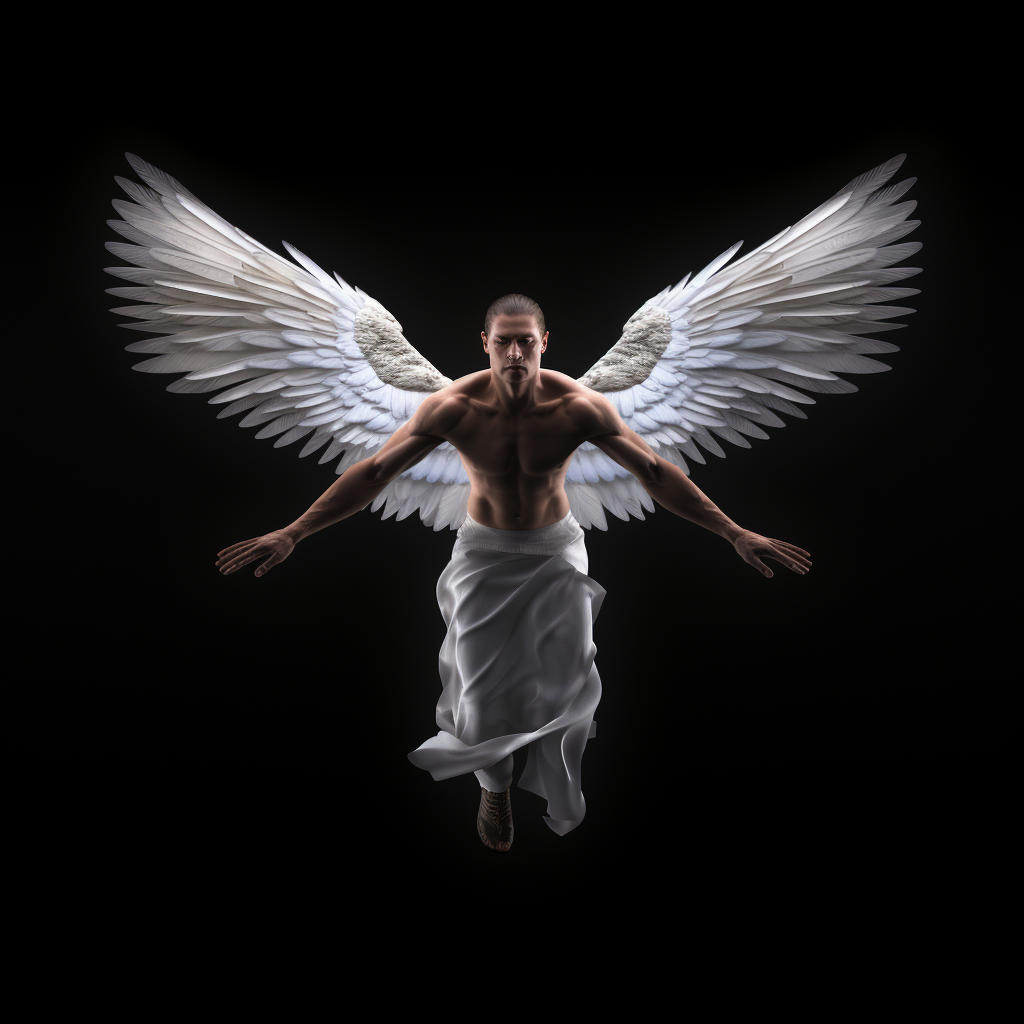 Male angel with spread wings hovering on black background