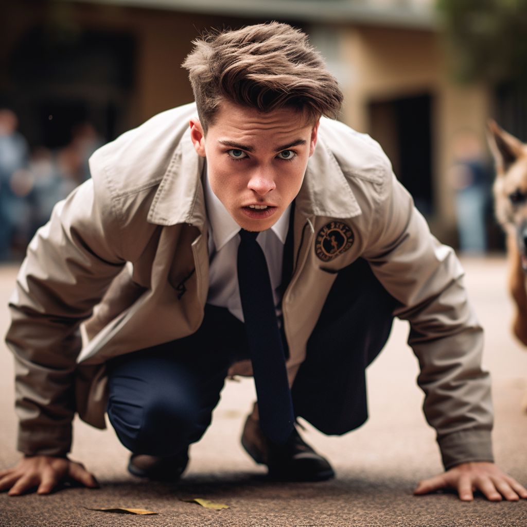 Wild dog-like male classmate in school uniform