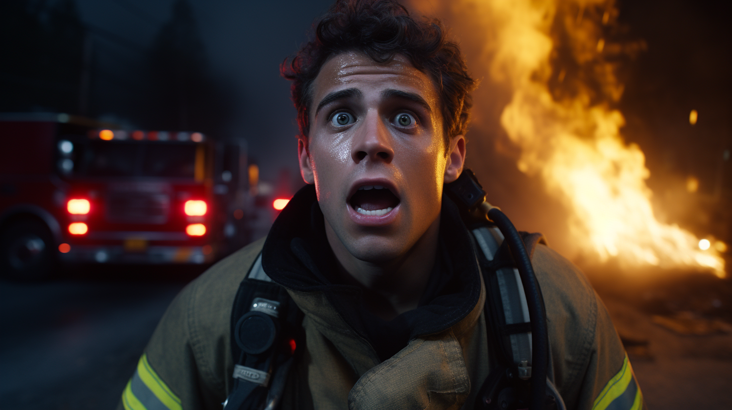 Male firefighter experiencing shock and realization