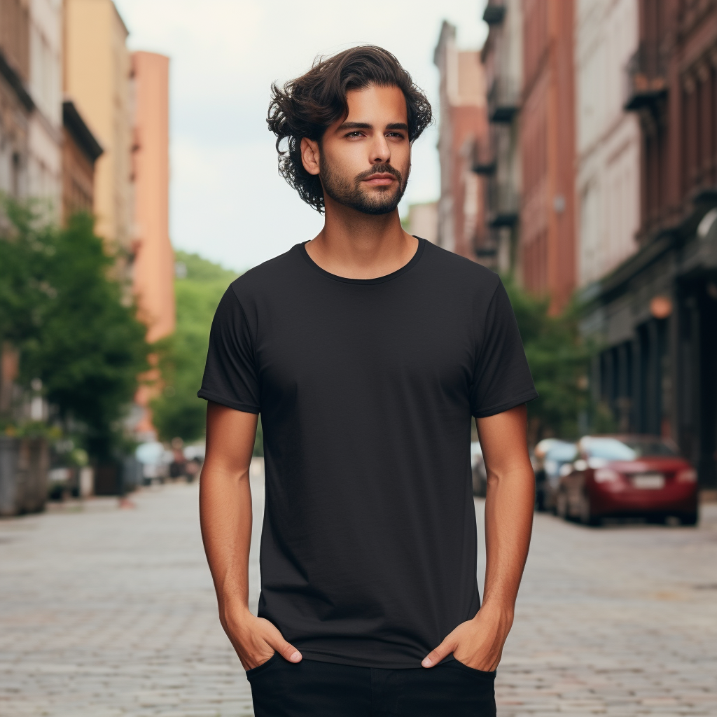 Handsome male model wearing black Etsy shirt mockup