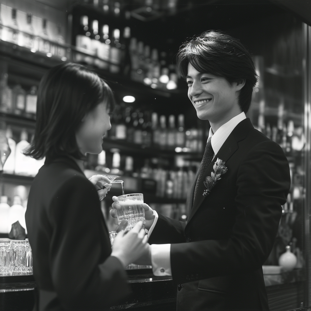 Man accepting drink from female bartender