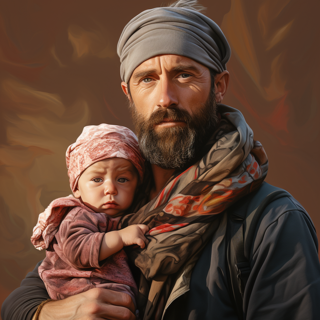 Man with Baby Wearing Bandana Impasto Droste