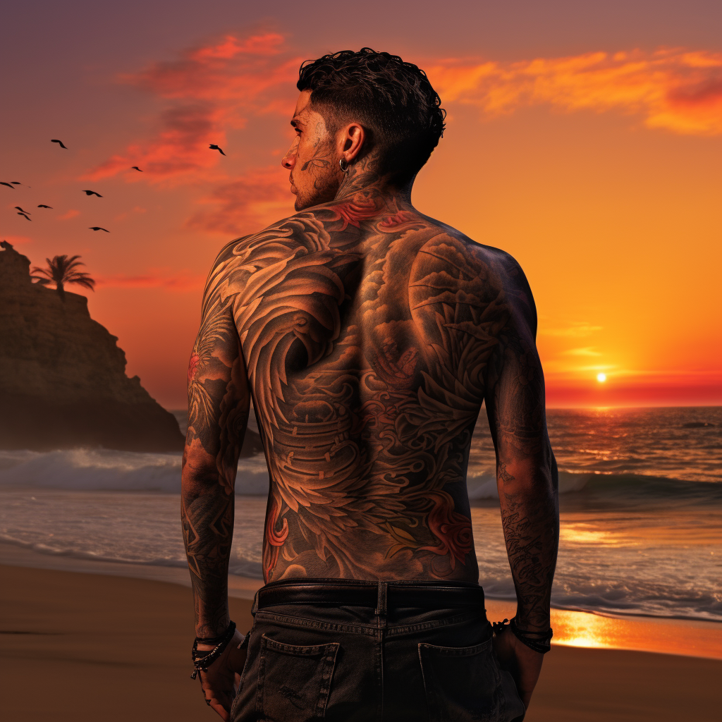 Man on Beach with Shirt and Tattoos at Sunset