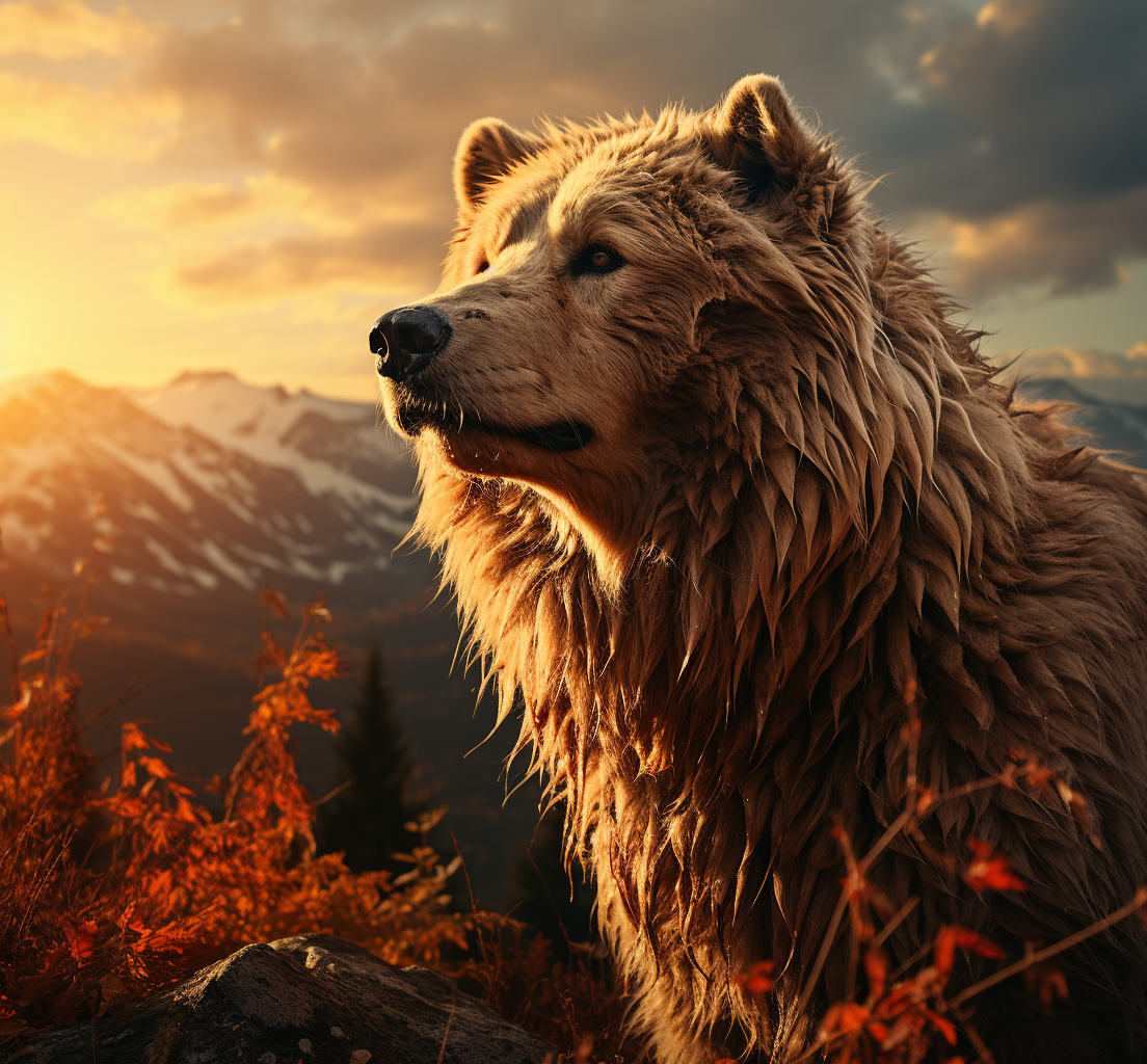 Man Bear Hybrid with Stunning Sunset in the Mountains