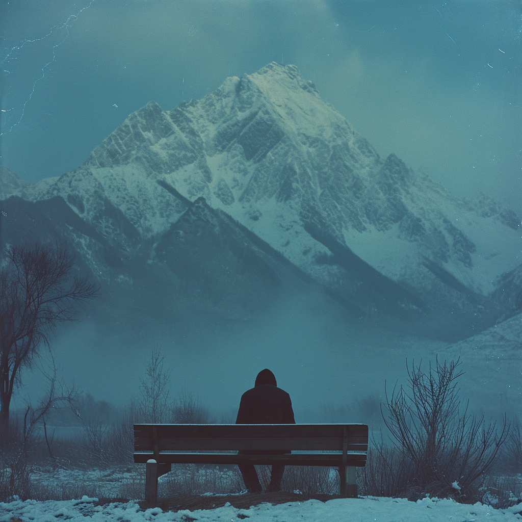 Man on Bench with Snow Mountain Background