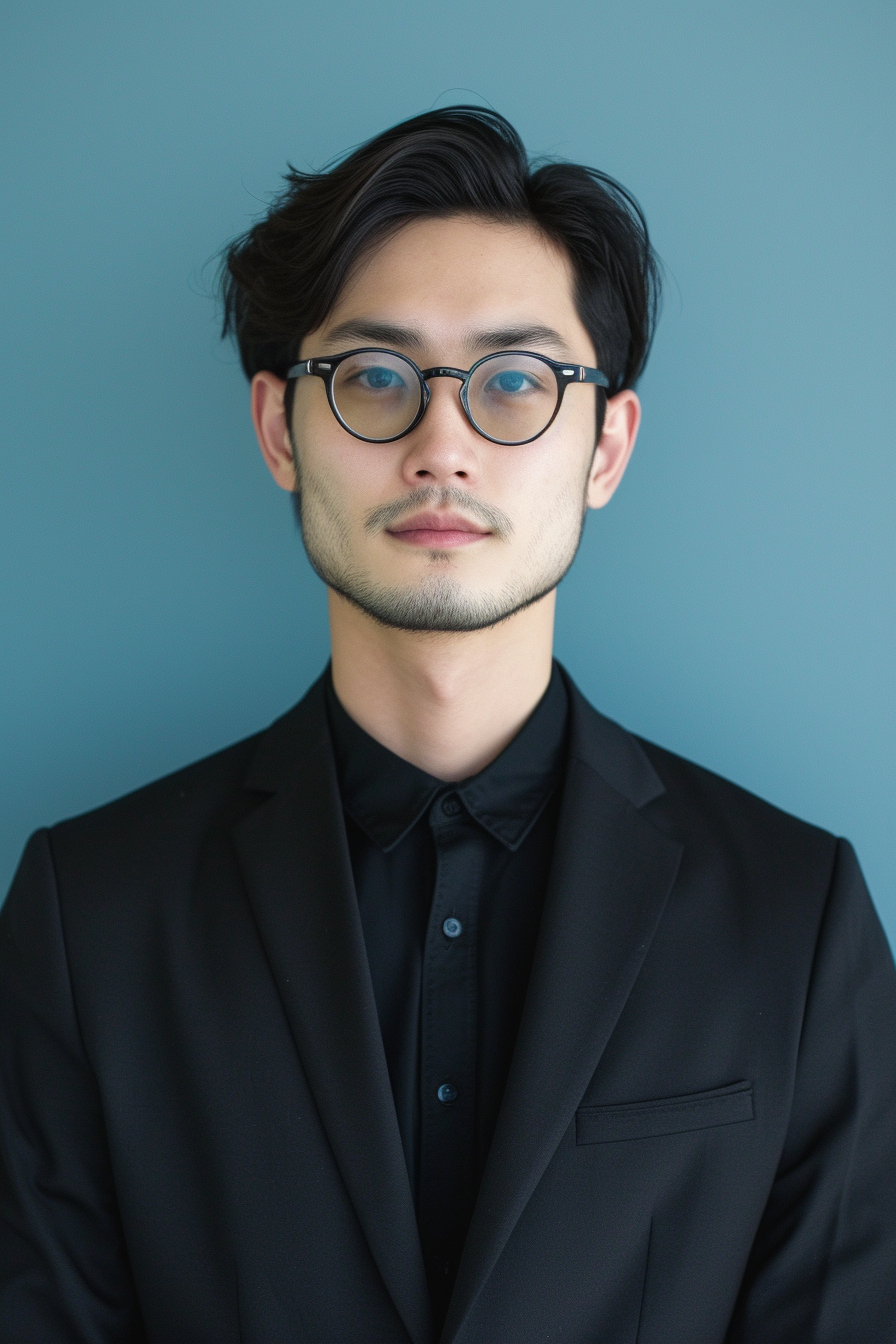 Man in black suit on blue background