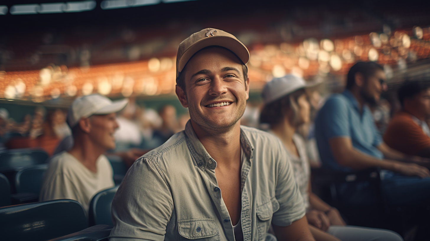 Man in Stylish Button Down Shirt at Baseball Game