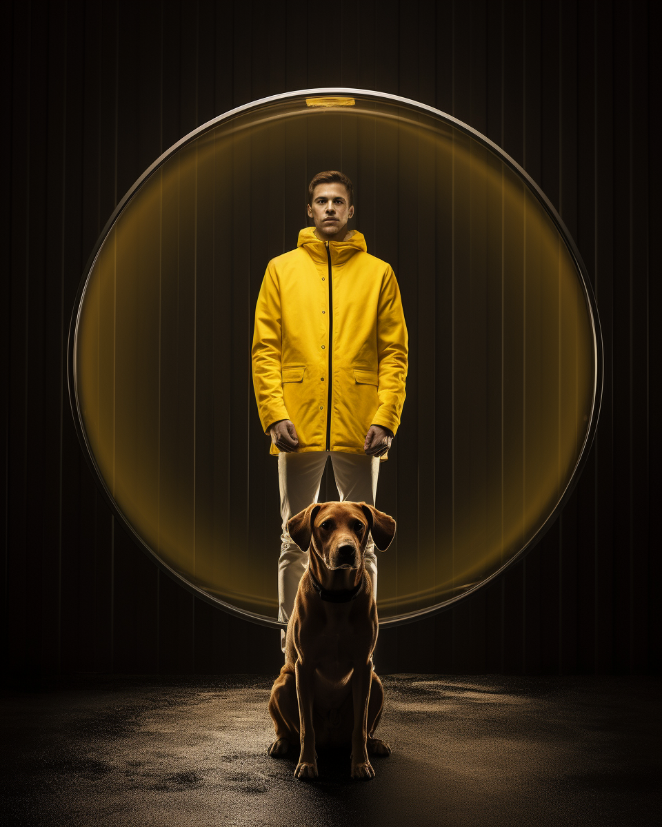 Man in Yellow Jacket Watching Dog