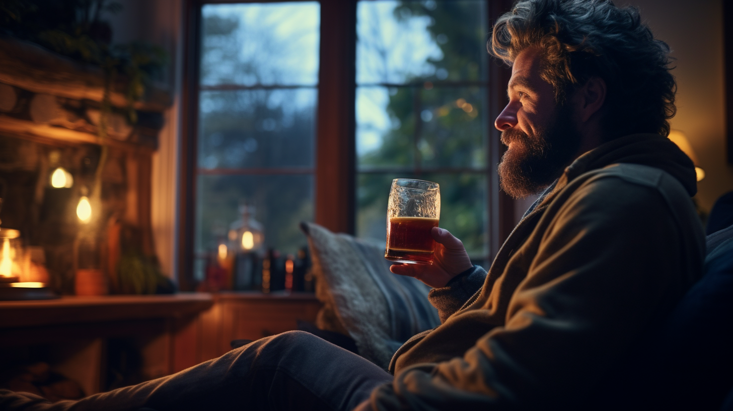 Man enjoying beer by cozy fireplace