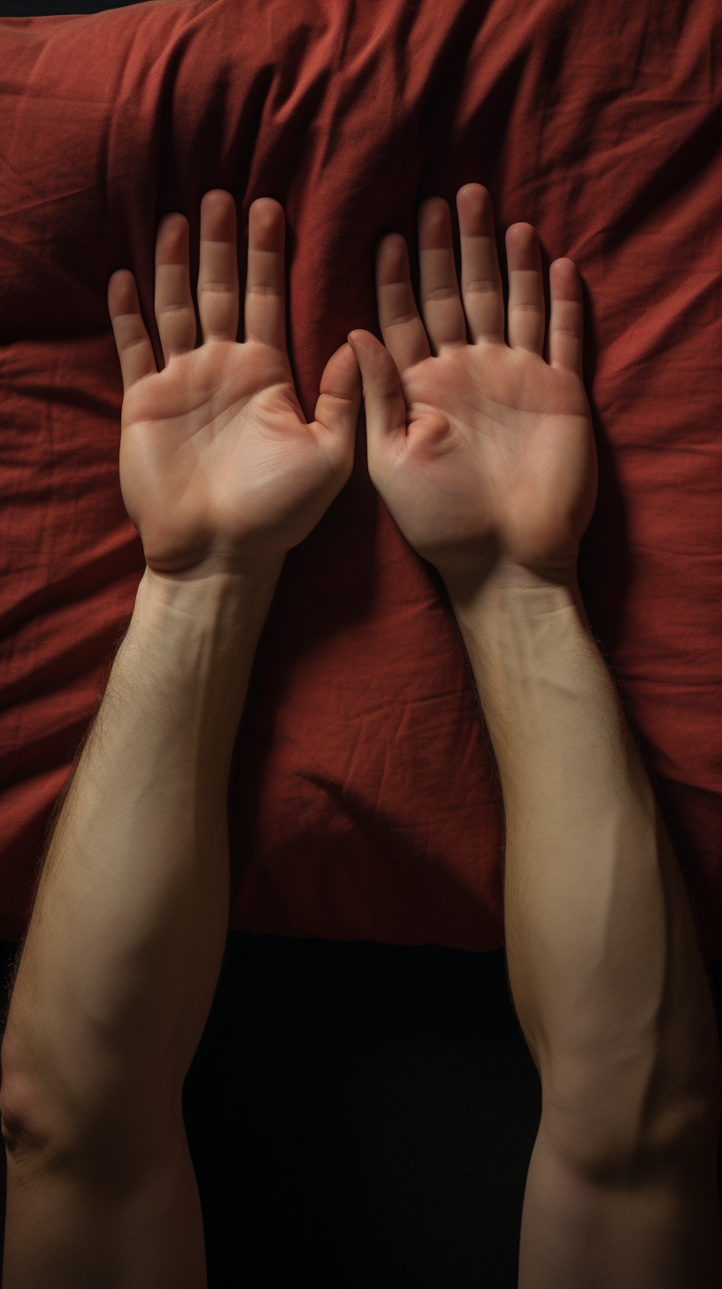 Man's hand on pillow, fingers spread